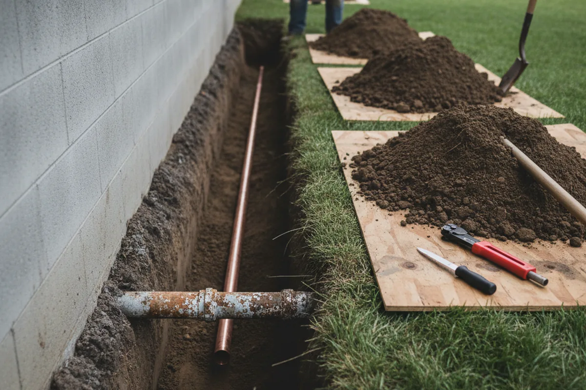 Excavated water line trench during Water Heater Repair in Woodsboro